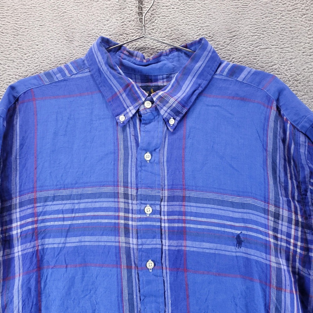 Polo Ralph Lauren Shirt Mens Big 2X Blue Linen Plaid RL Untucked Button Down